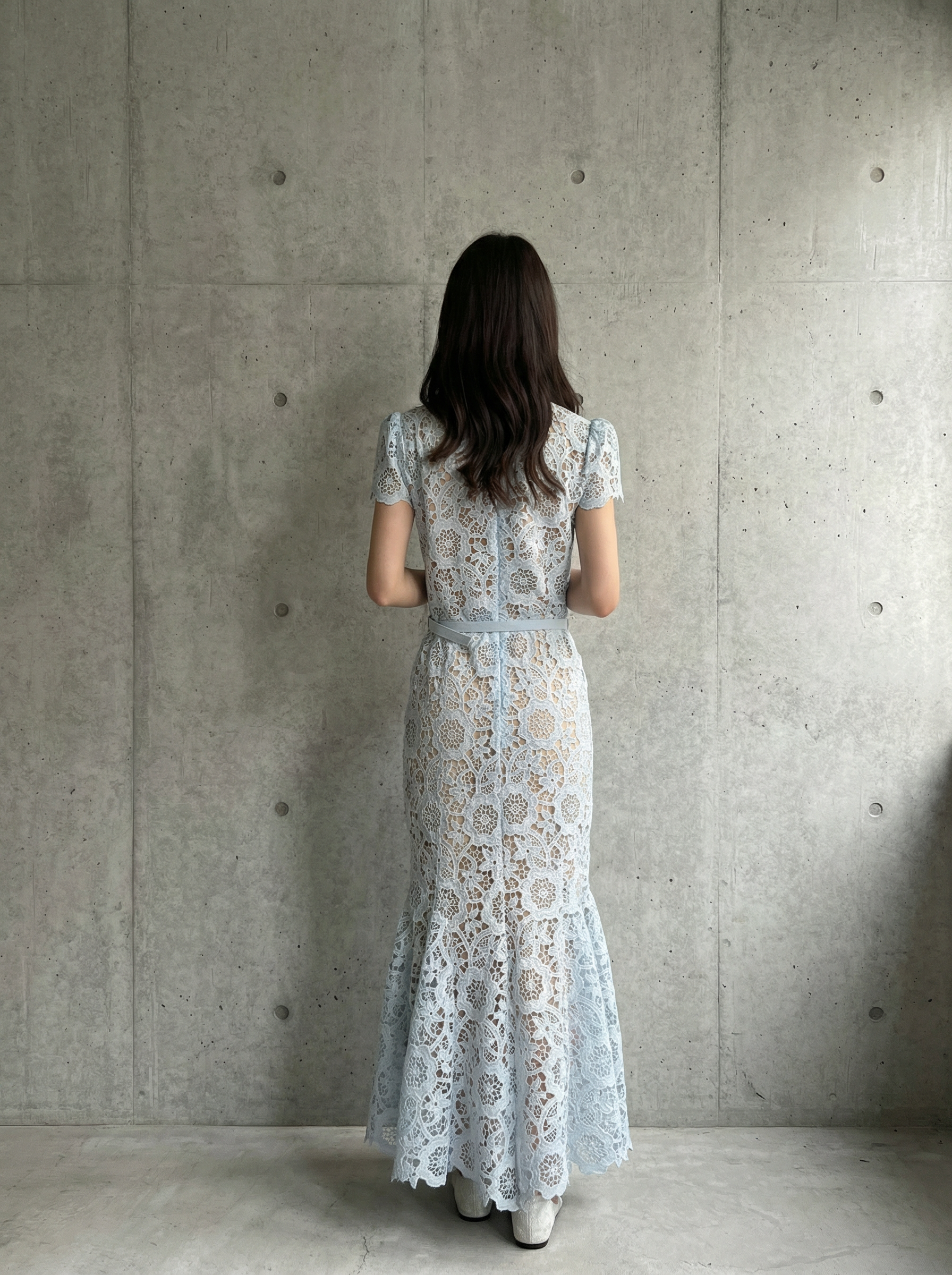 粉色蕾絲領結腰帶連衣裙(白色腰帶需另外購買)