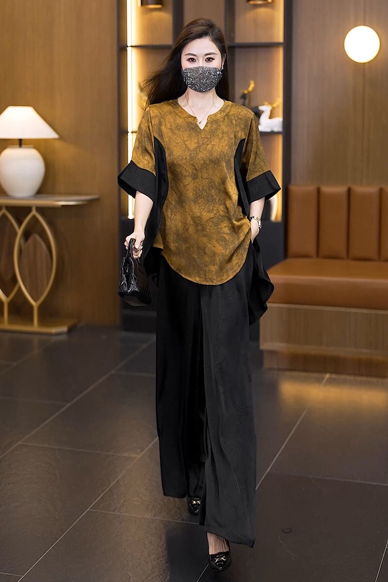 B207(2560) 新中式气质洋气国风染撞色卷边袖黄上衣与黑长裤套装