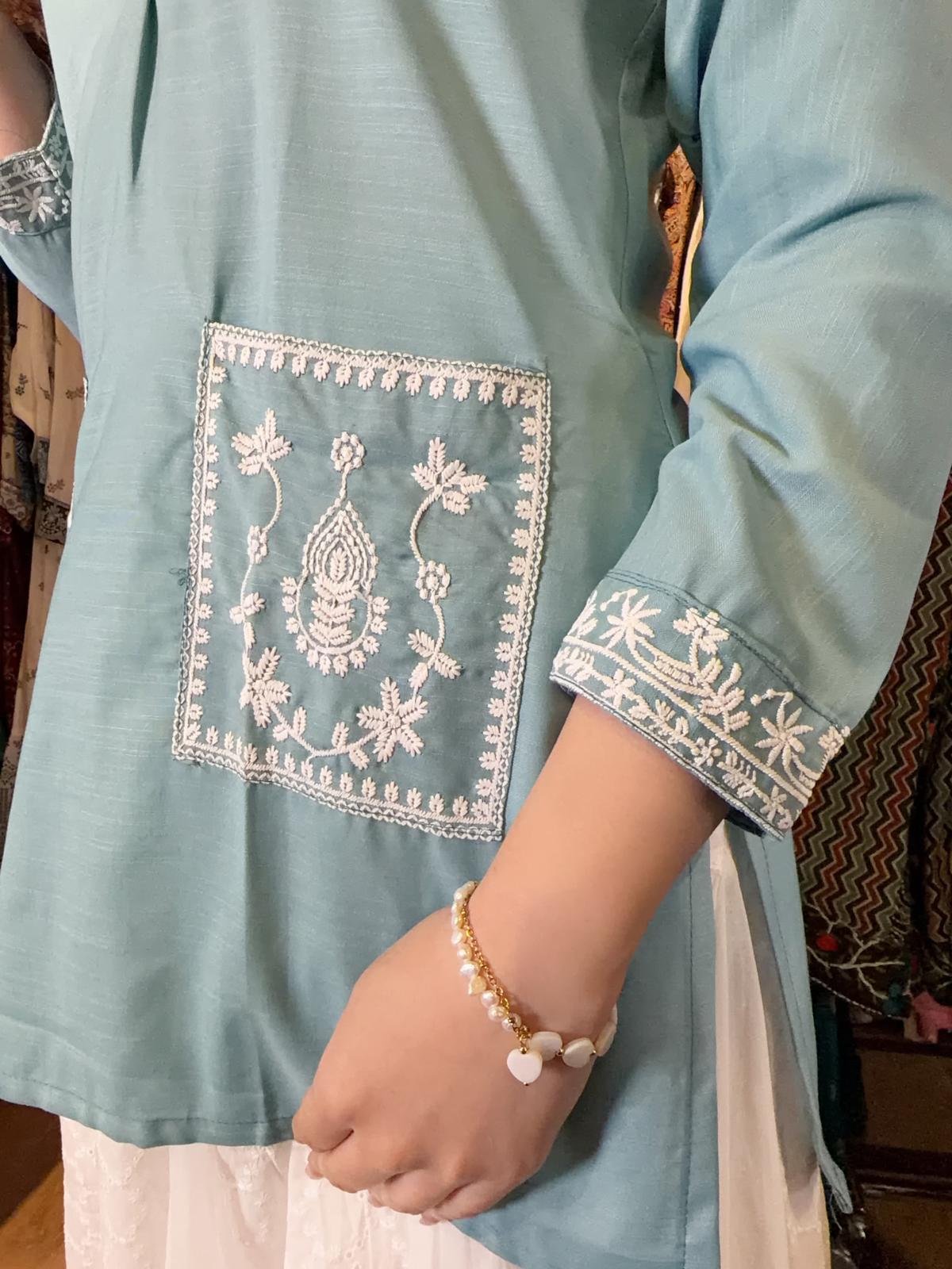 1648 Tiffany Blue Short Emb Kurta