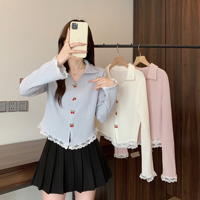 B104(21567) 韩系甜美风微褶皱翻领前部樱桃拼蕾丝花边3色上衣