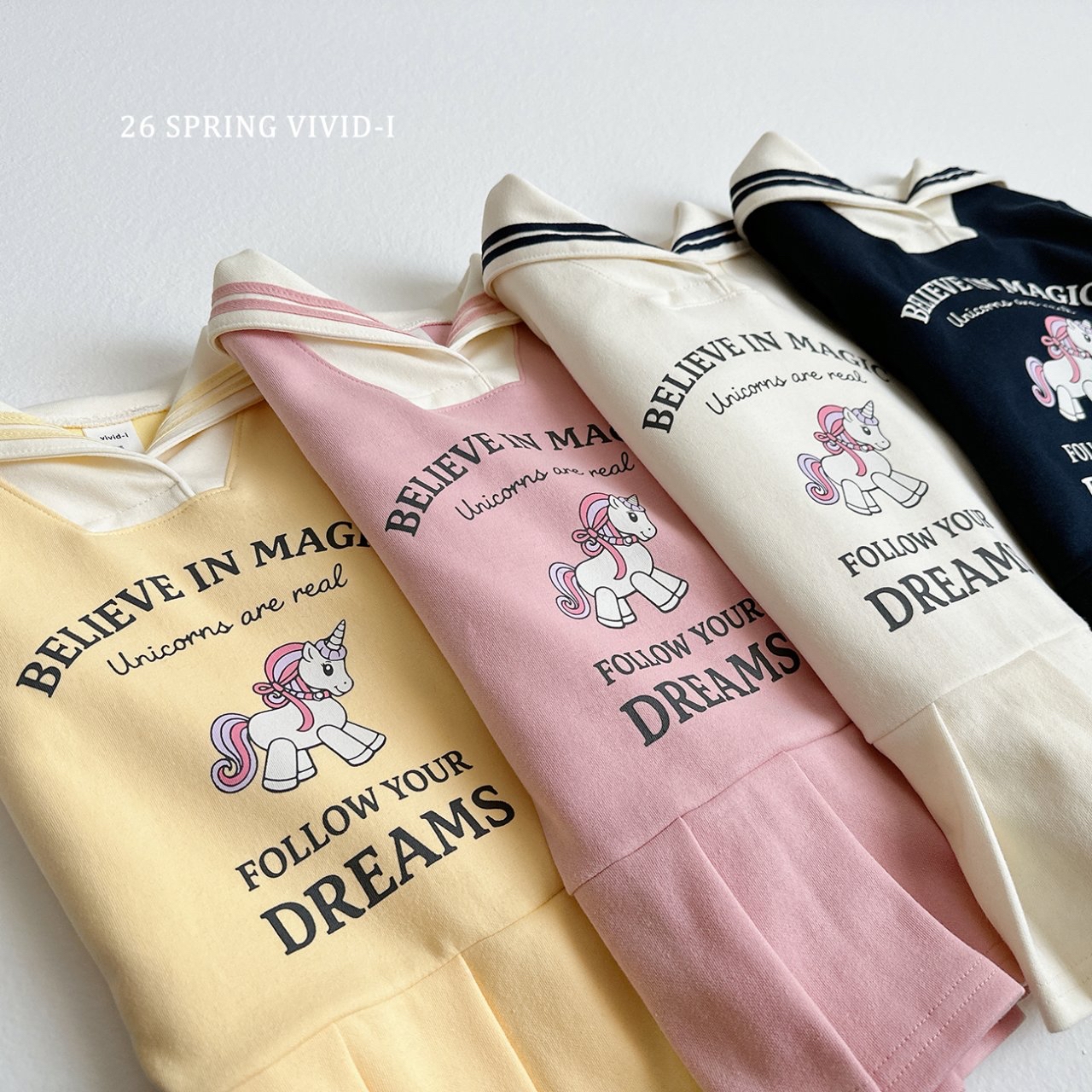 🌸預訂 韓國直送🌸🇰🇷VIVIDI四色水手領獨角獸印花長袖百摺連身裙