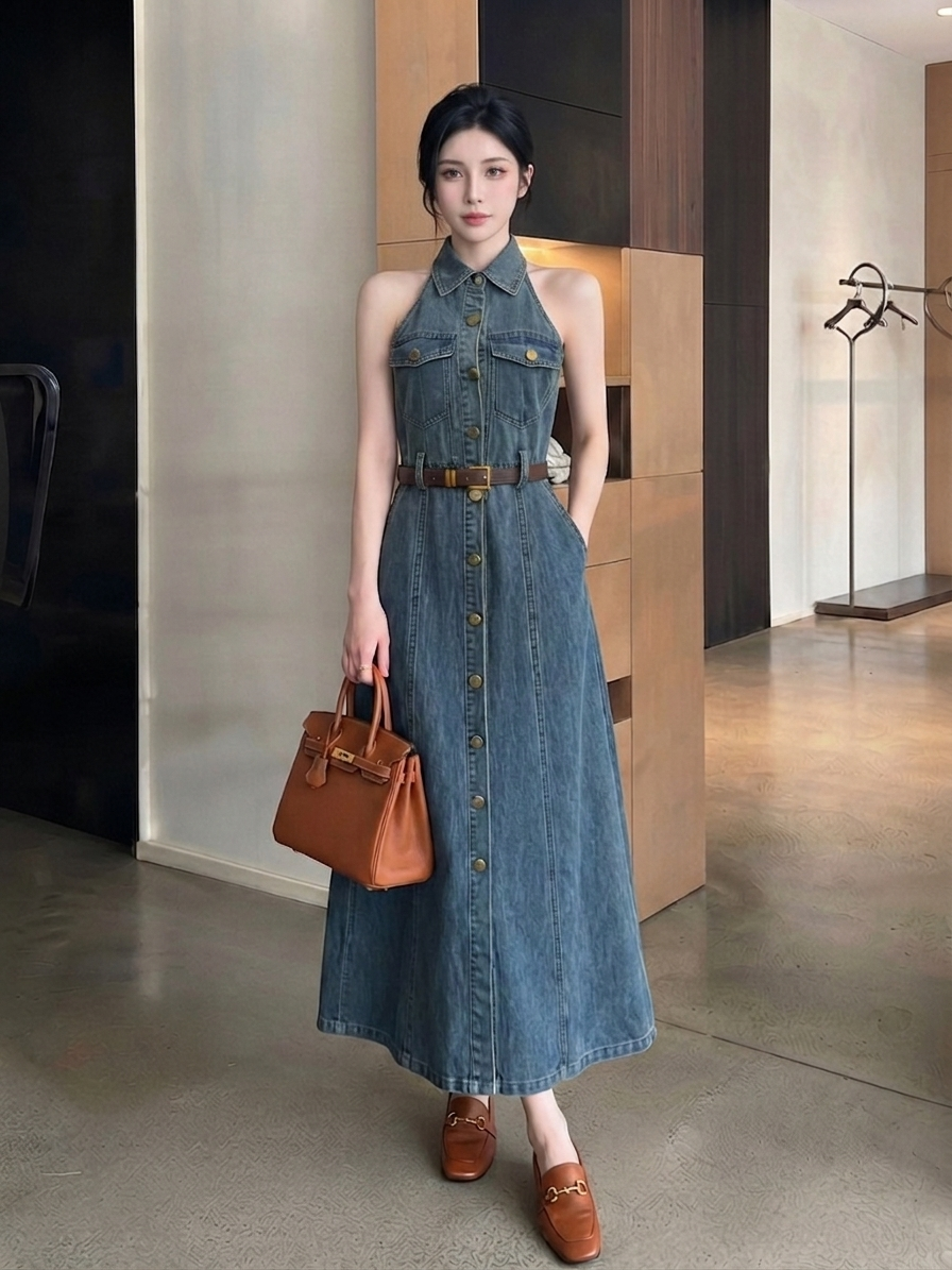Halter Denim Midi Dress M237
