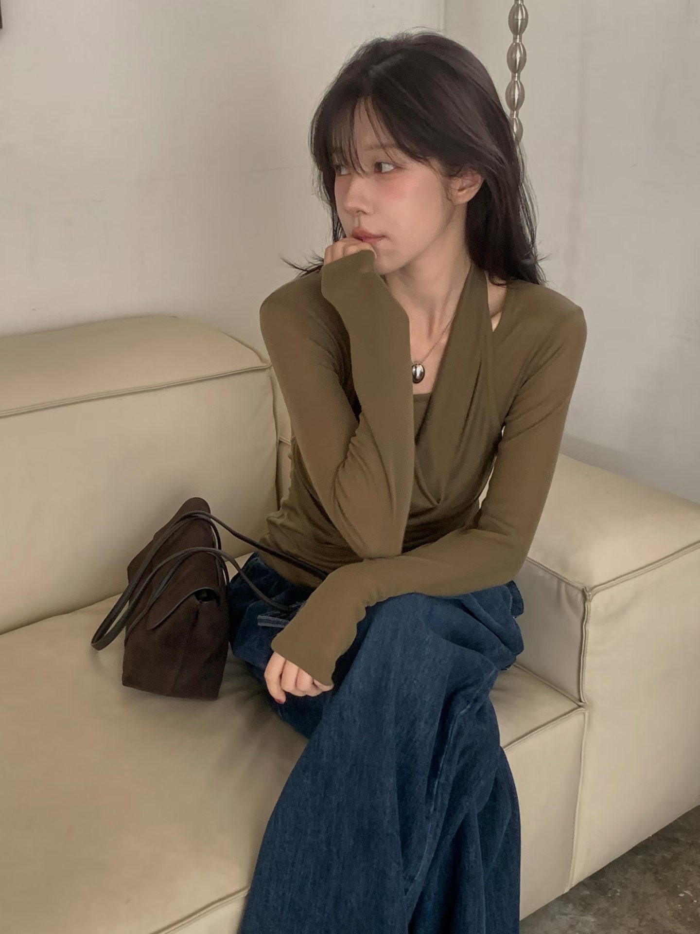 WJ3 垂墜褶皺掛頸透肌長袖上衣