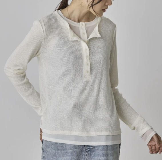 輕盈彈性網紗亨利領上衣 - 2026 流行穿搭  長䄂上衣 春夏時尚穿搭 獨特設計 成人休閒 日常穿搭 易於配搭 日本直送   #JP-I-260033