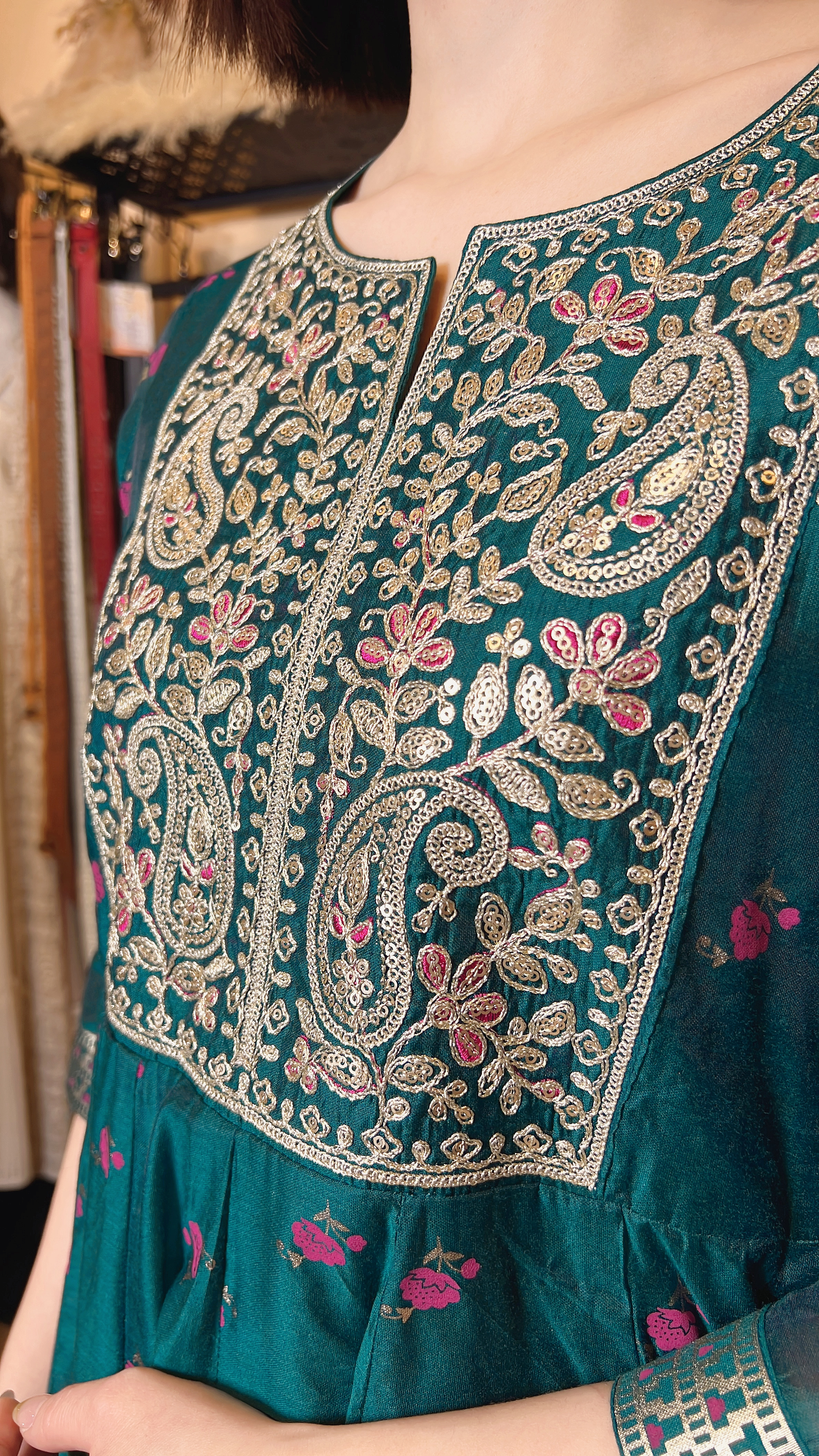 Peacock Green Heavy Emb. with Pink Rose SIlky OP #1070