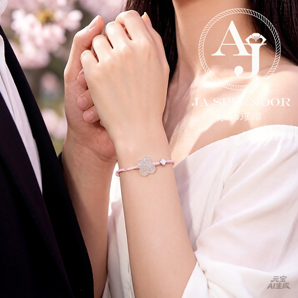 JN-3431 天然翡翠A玉-冰種白冰立體小花手繩