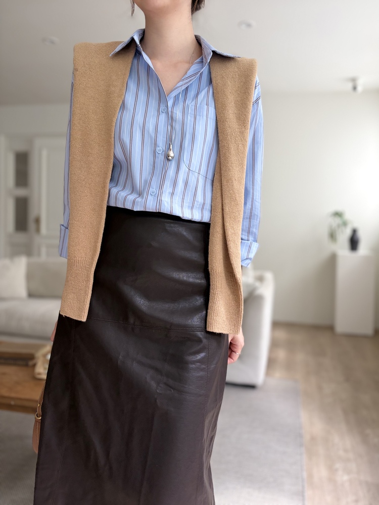 Faux Leather Midi Skirt (Brown)