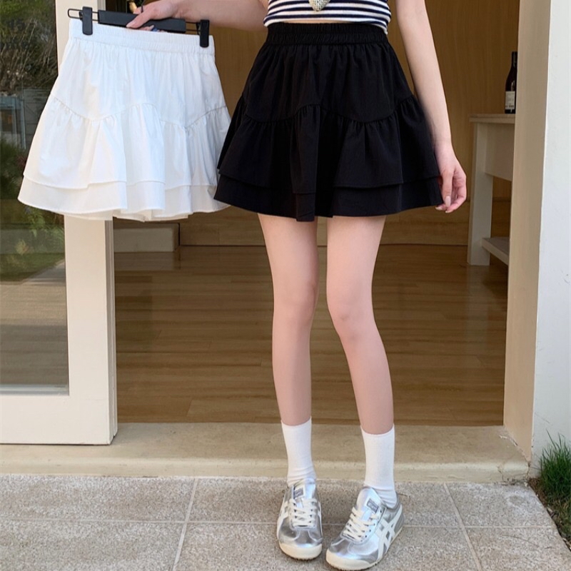 B302(5388) 韩版甜美风波浪线双层荷叶蛋糕层黑白短裙