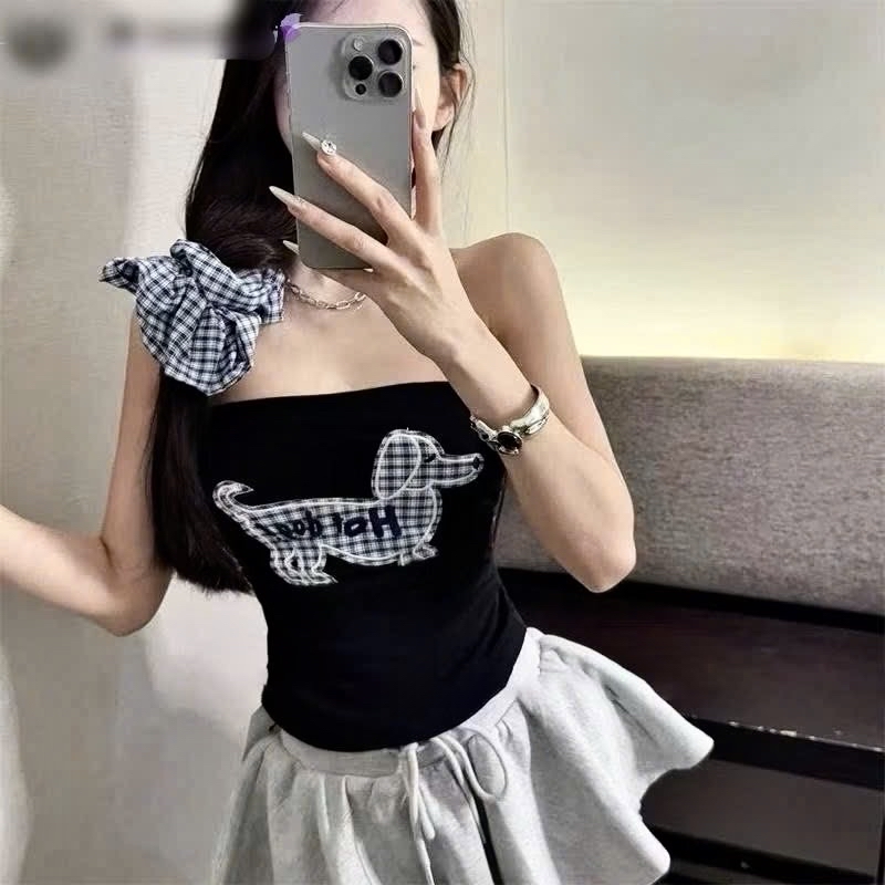 無肩帶上衣 狗狗圖案