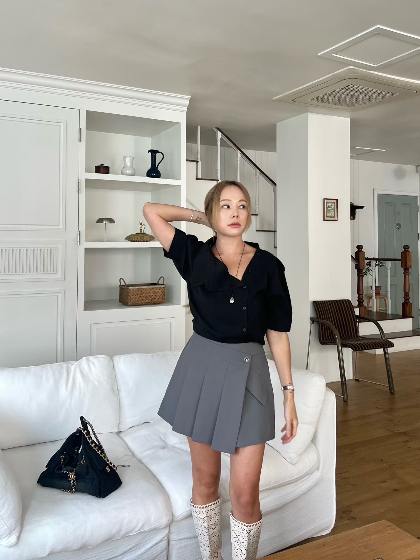 B7 側扣設計百褶 A 字褲裙