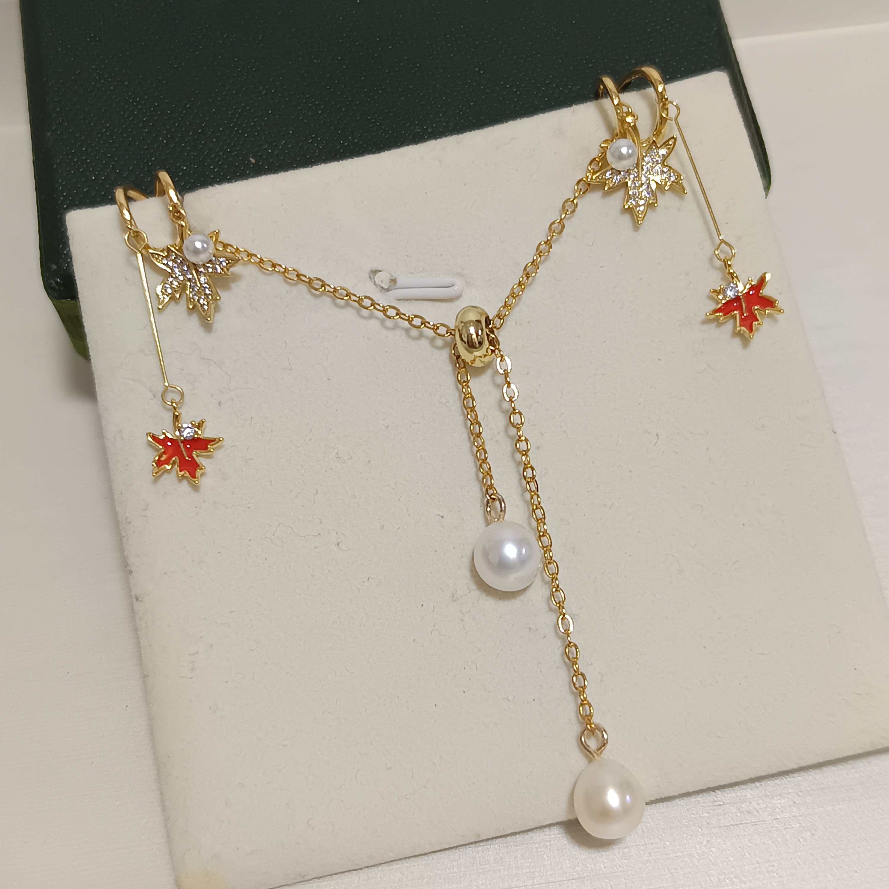 特價品‼️近正圓極強光淡水珍珠雙珠鍊+s925銀針楓葉耳環