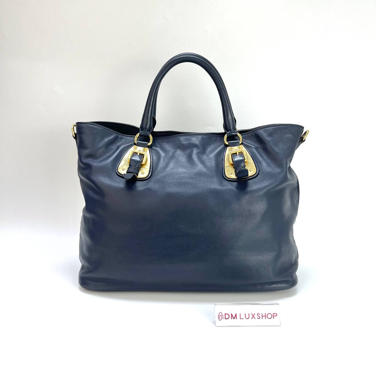 Prada Navy Blue Leather Tote GHW