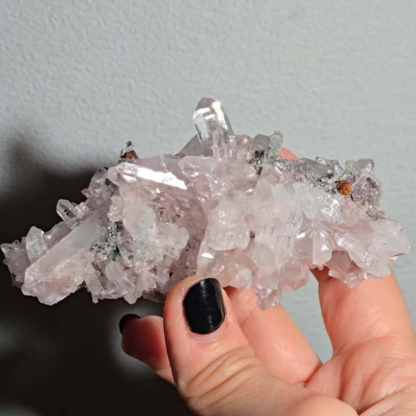 Pink Lemurian quartz cluster with green chlorite inclusions - LQ191
