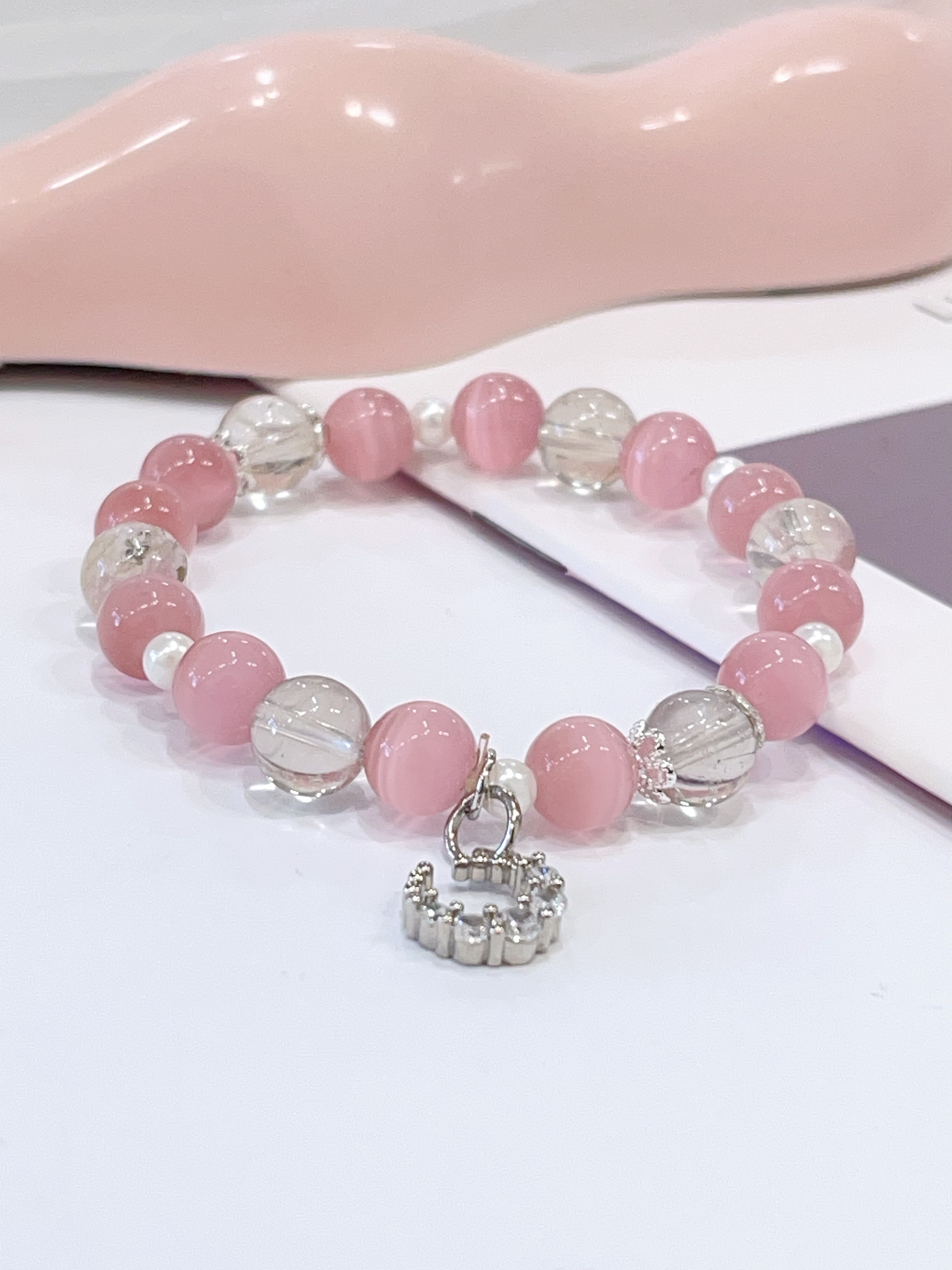 🌸🤍 粉色猫眼石 × 白水晶 × 珍珠手串 Pink Cat’s Eye Stone, Clear Quartz & Freshwater Pearl