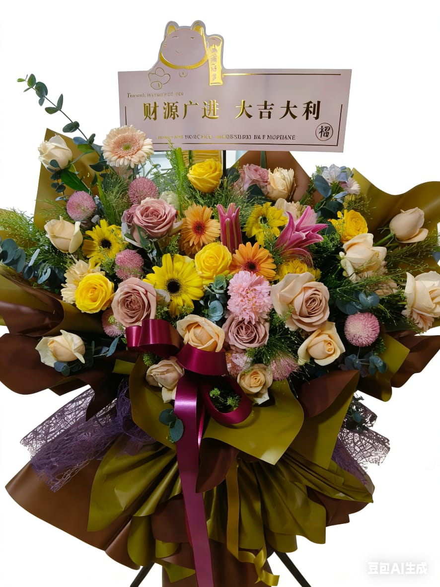 Grand Opening Flower Stand with Roses, Sunflowers, and Lucky Cat Sign