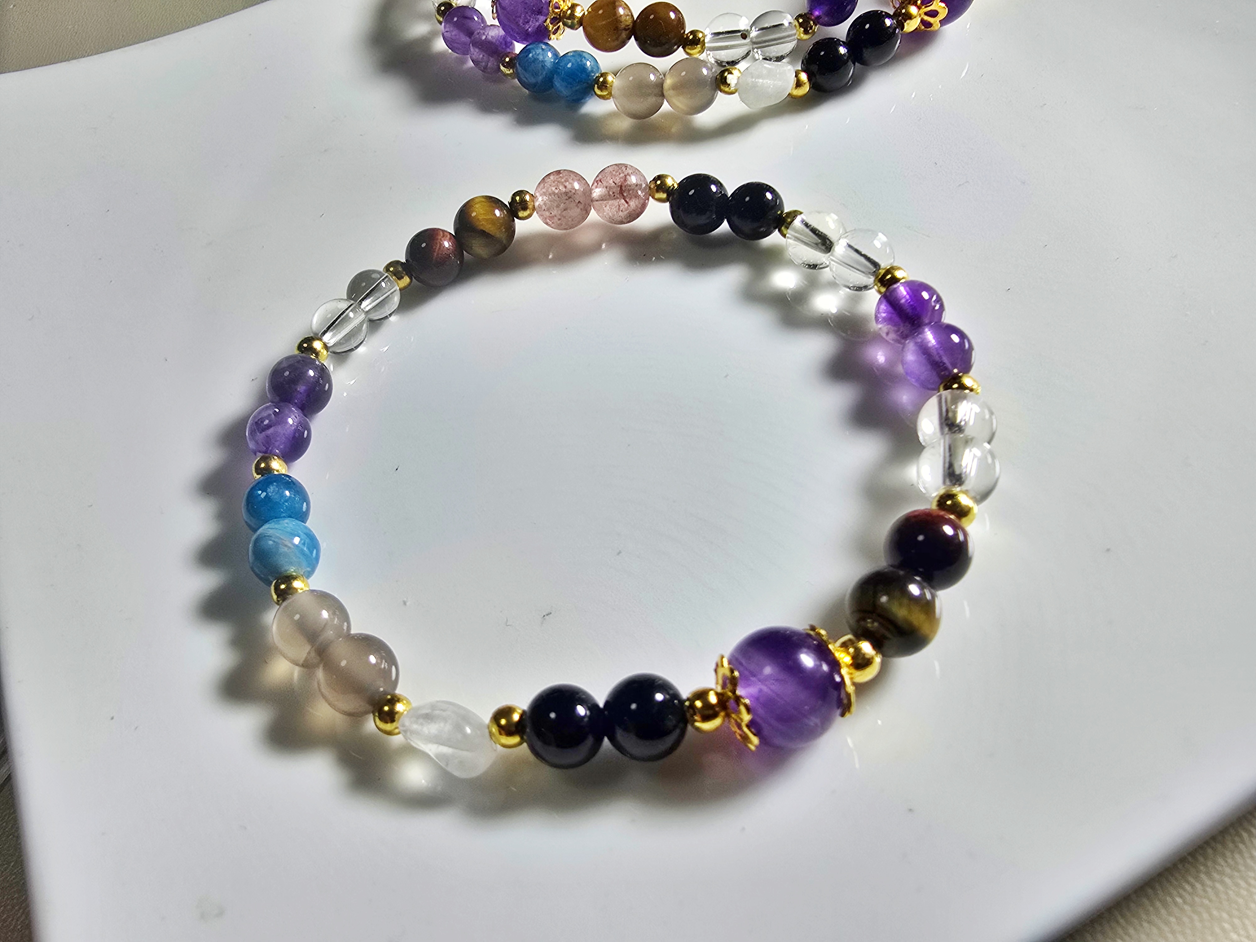 DIY0126-6 天然草莓 月光石 紫水晶 藍磷灰 白水晶 瑪瑙 虎眼石手串