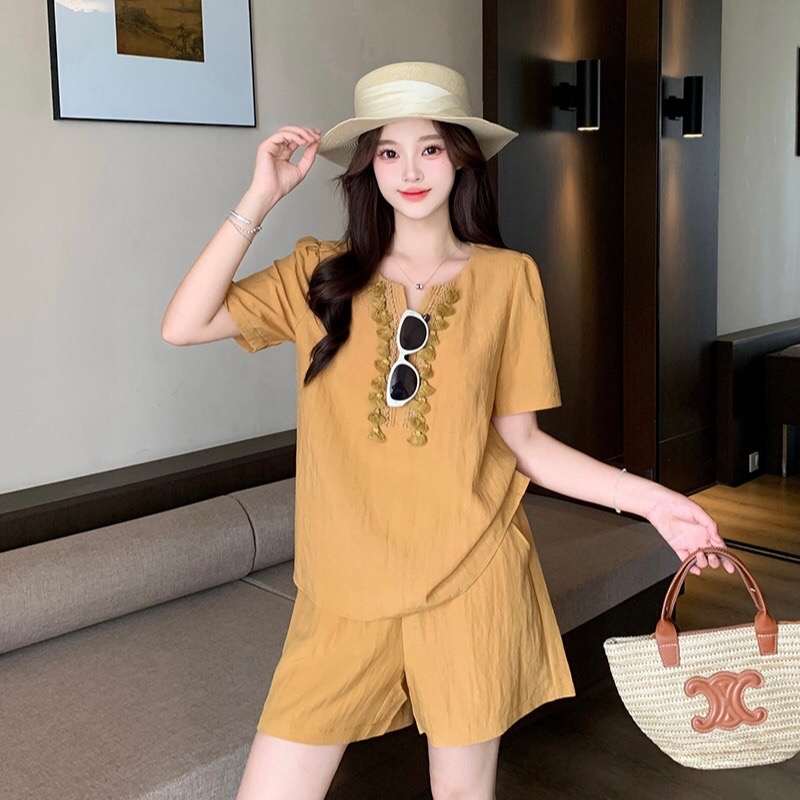 B16(35923) 韩系麻料圆小尖角领短流苏边设计感上衣与短裤蓝黄套装