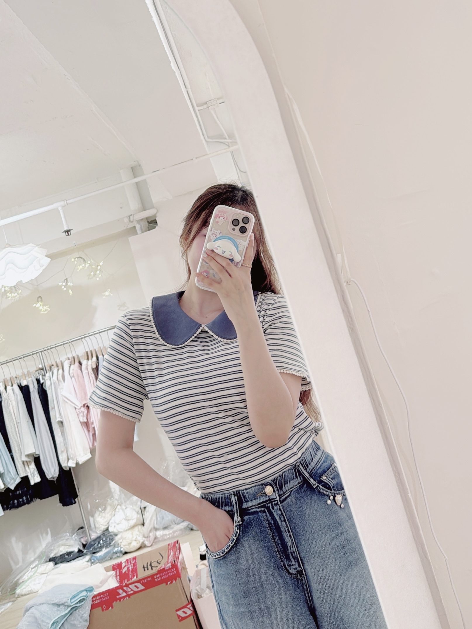 Daily Stripe Tee Top with Baby Collar