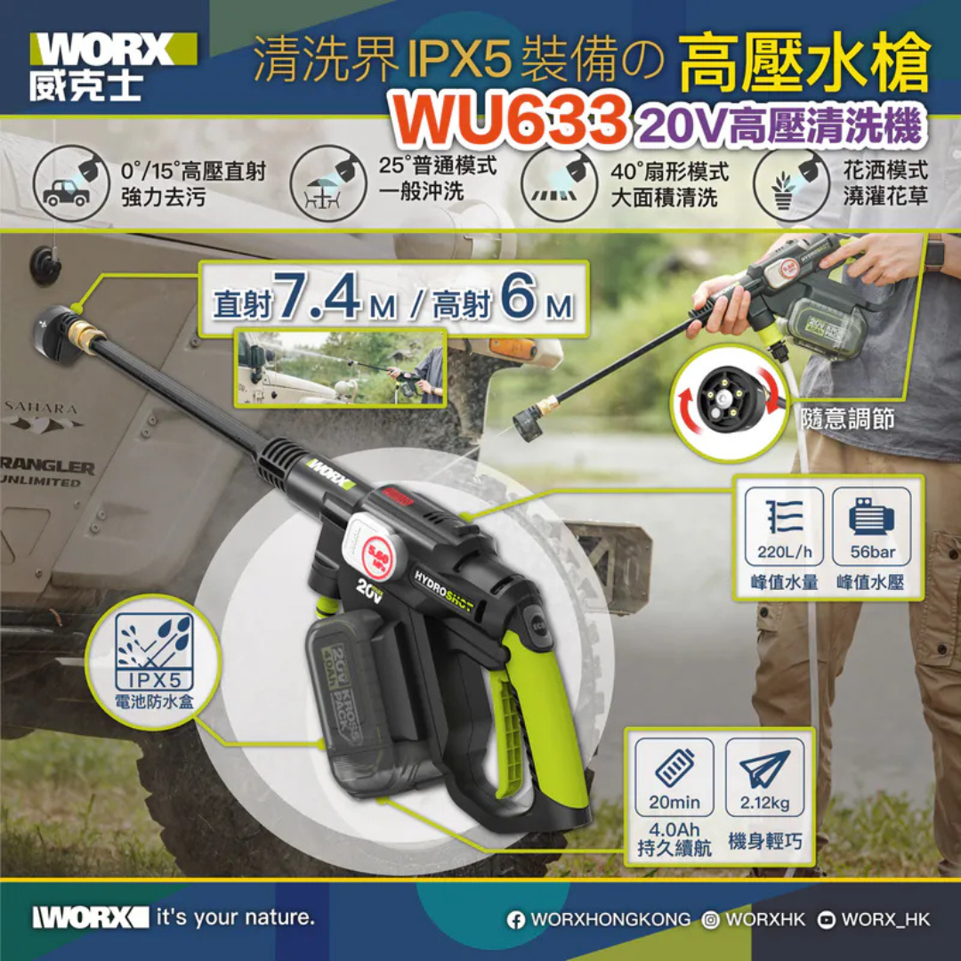 WORX 威克士 WU633.3 20V(38bar)無刷高壓清洗機 (4.0Ah鋰電池 x 1 + 2A快充) 