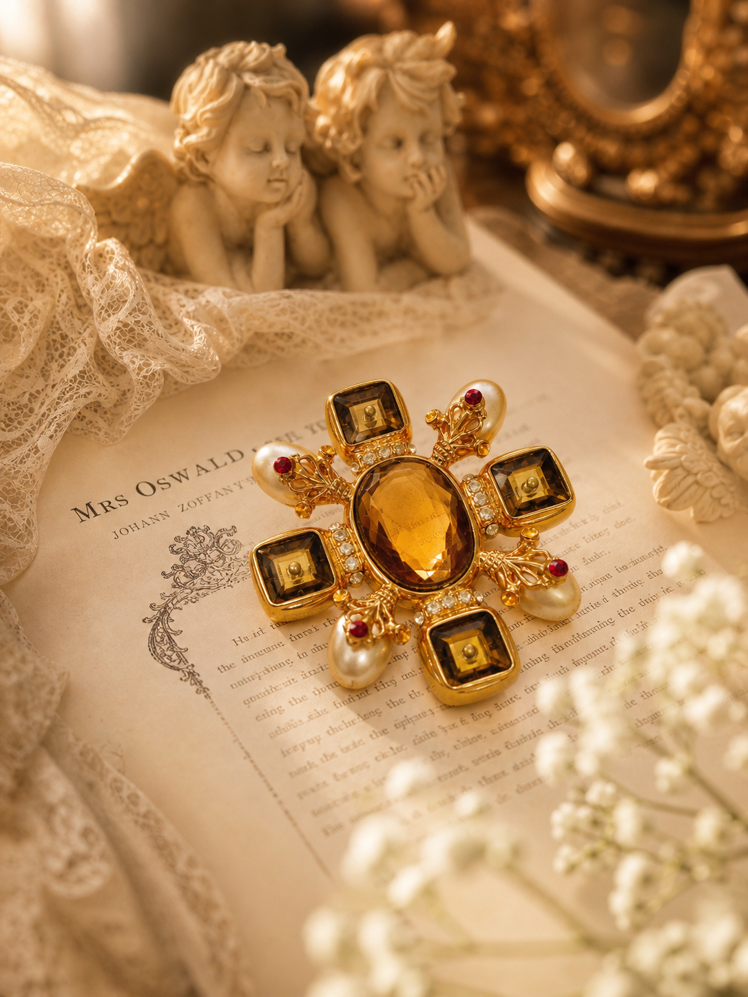拜占庭的流金十字 ∙ 中世紀宮廷重工寶石珍珠胸針Gilded Byzantine Cross ∙ Mid-Century Palace Gemstone & Pearl Brooch