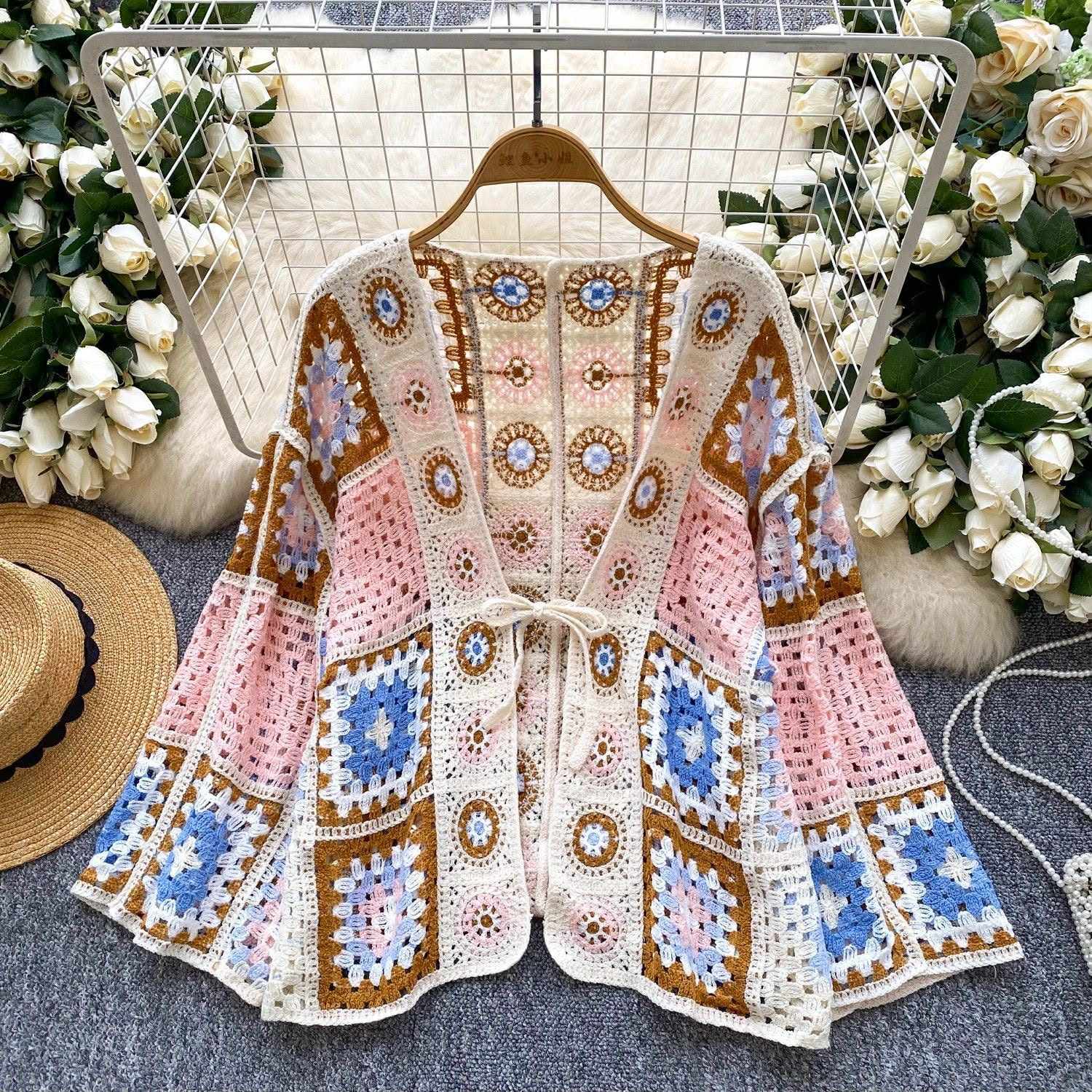 YCG07 735 波希米亚钩花镂空针织开衫外套