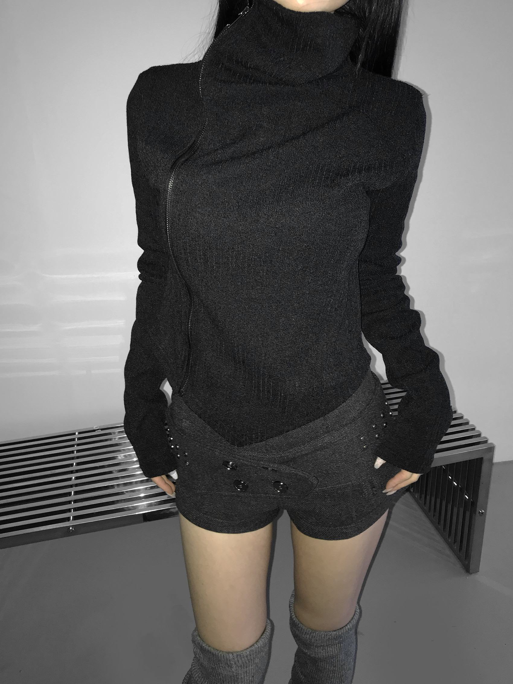 Asymmetric Zip-Up Ribbed Jacket