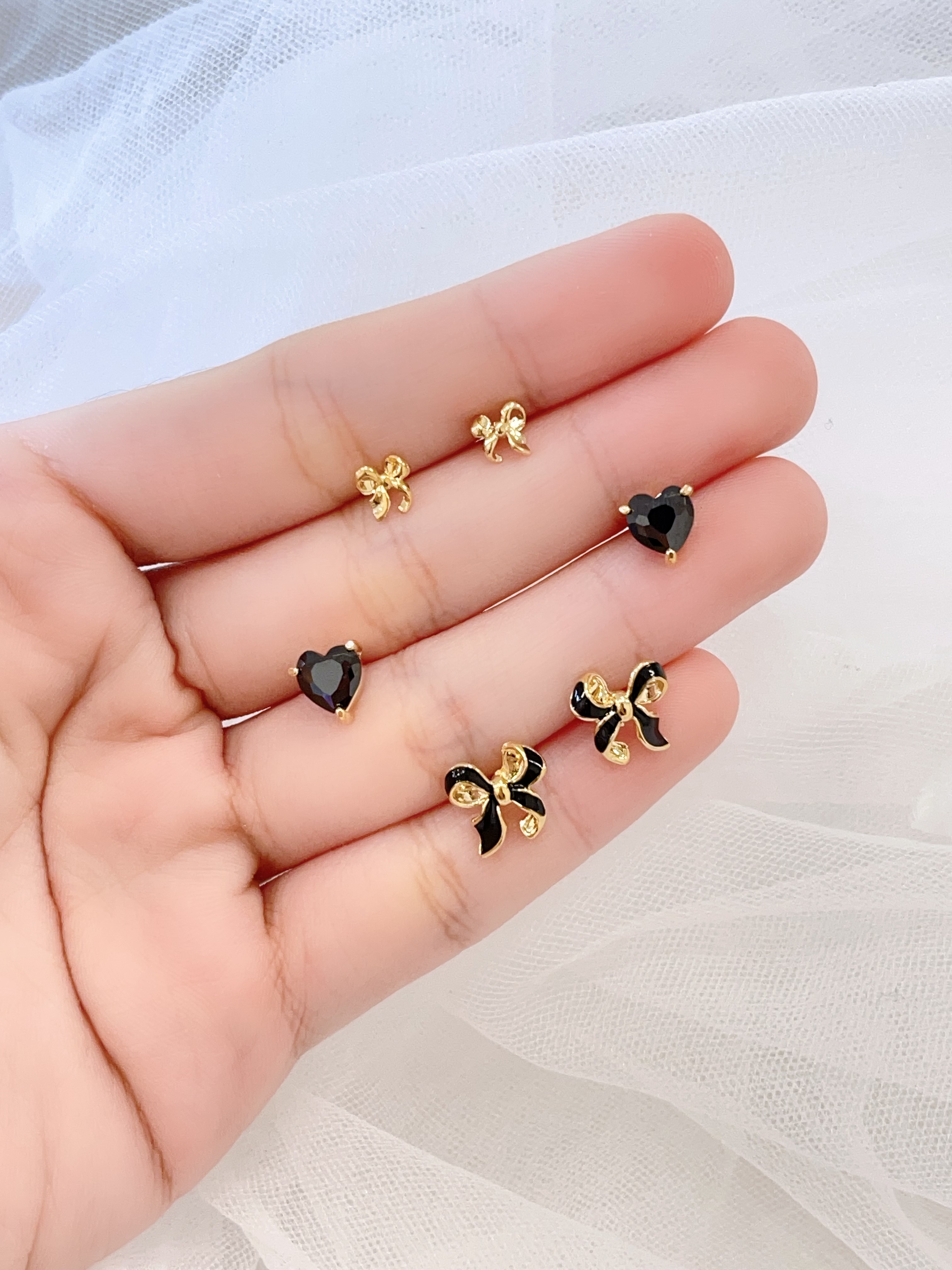 黑金拼色蝴蝶结爱心耳环套装