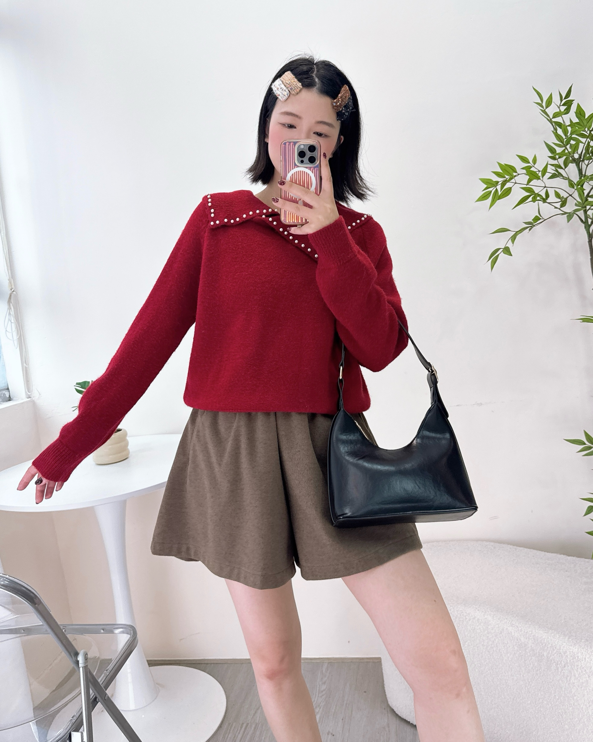 超美珍珠反領針織上衣 3色