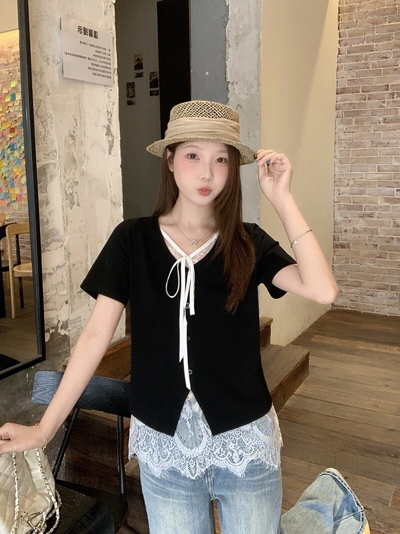 B116(36686) 法式假两件拼里蕾丝系带V领黑紫上衣