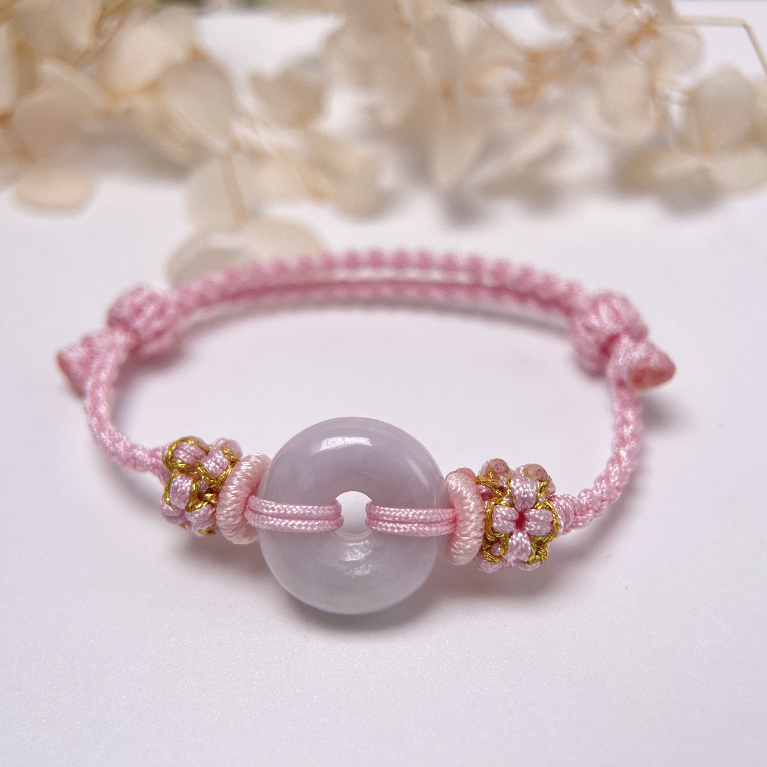 JN-12578 天然翡翠A玉 淡紫色平安扣BB滿月/親子/情侶手繩（私人訂制）