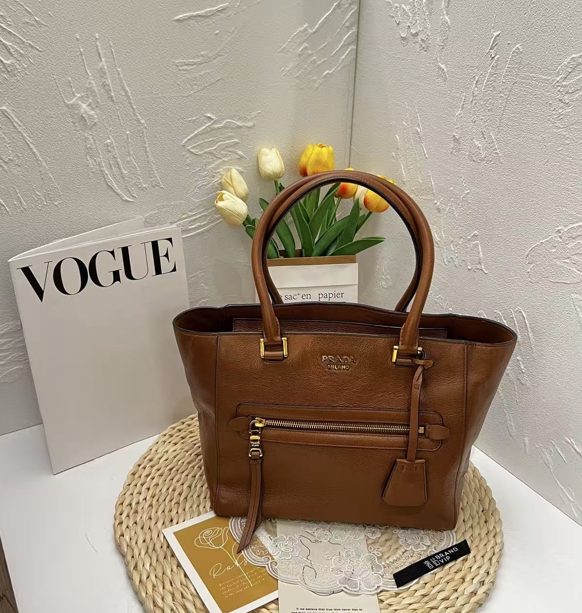 Prada Daino Leather Tote Bag (Cognac)