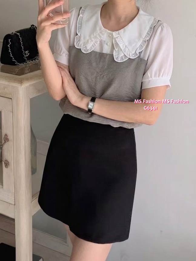 G6341 靚料花邊領拼色top