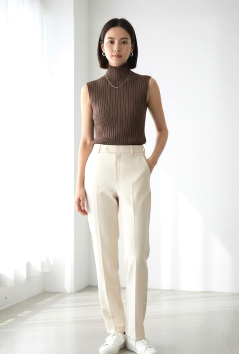 Sleeveless High-Neck Ribbed Knit Top