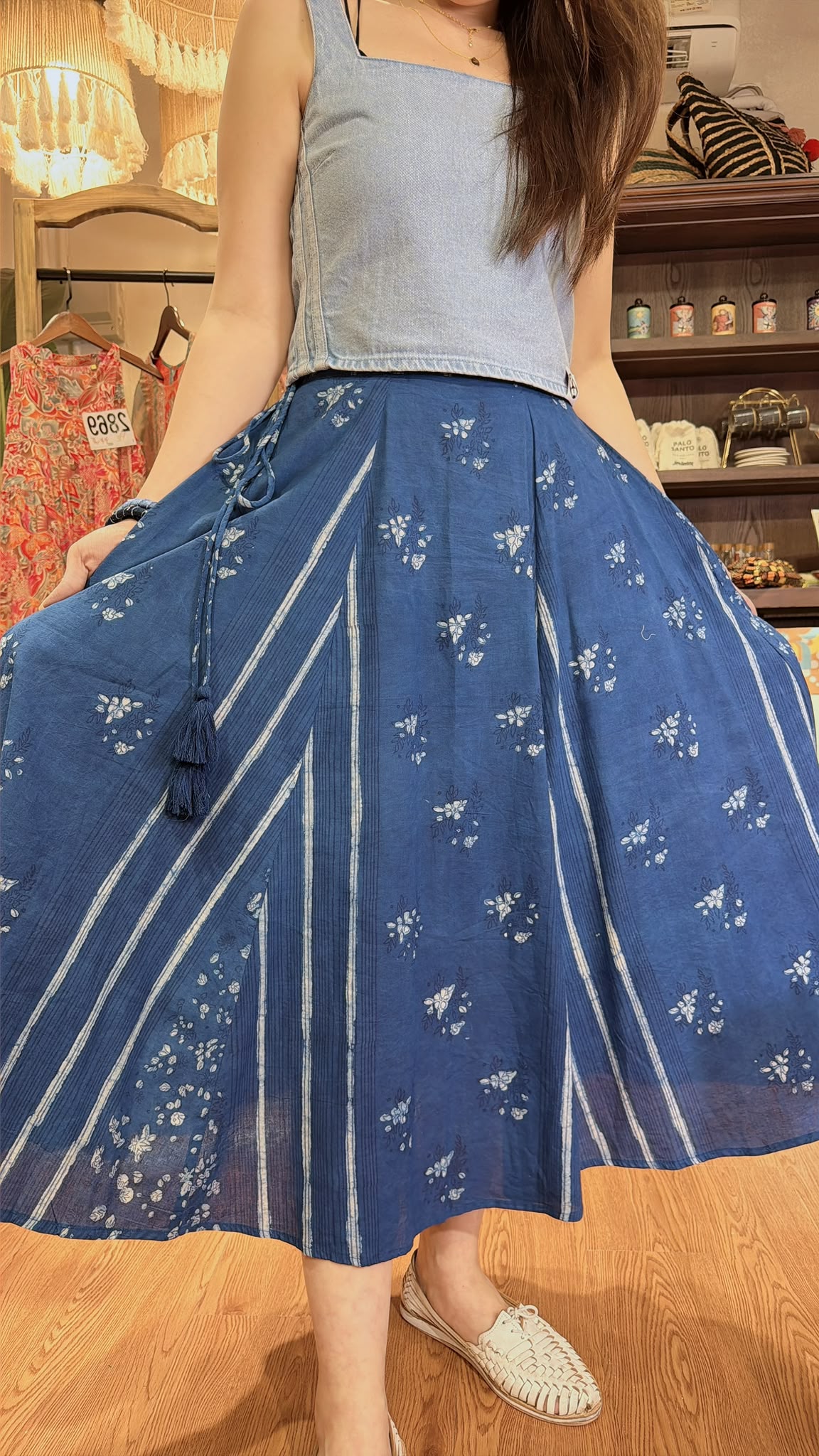 2882 Navy Blue Cotton Patchwork A-Line Skirt 33"