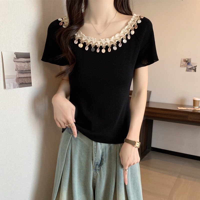 B98(976) 波西米亚风大U领亮片流苏领边针织黑黄上衣