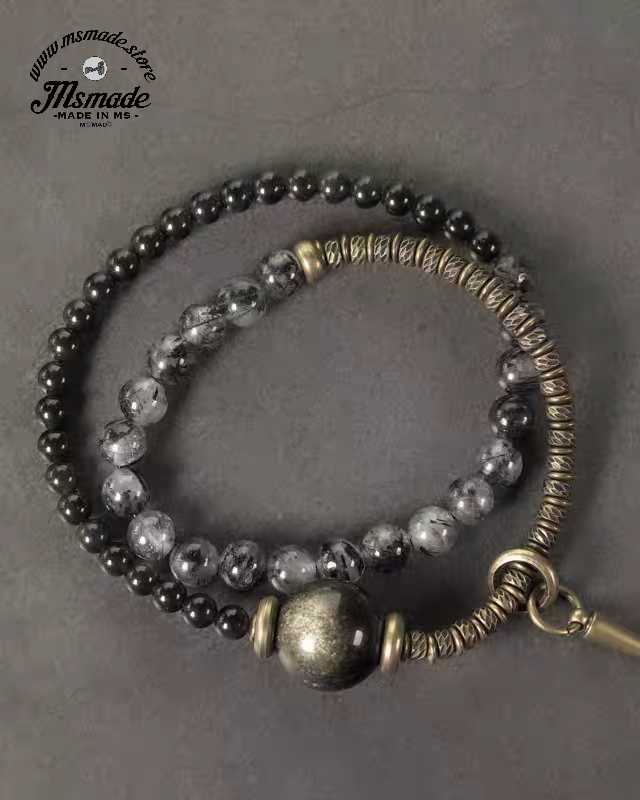 M1006黒發晶黑曜石混搭銅珠手鏈