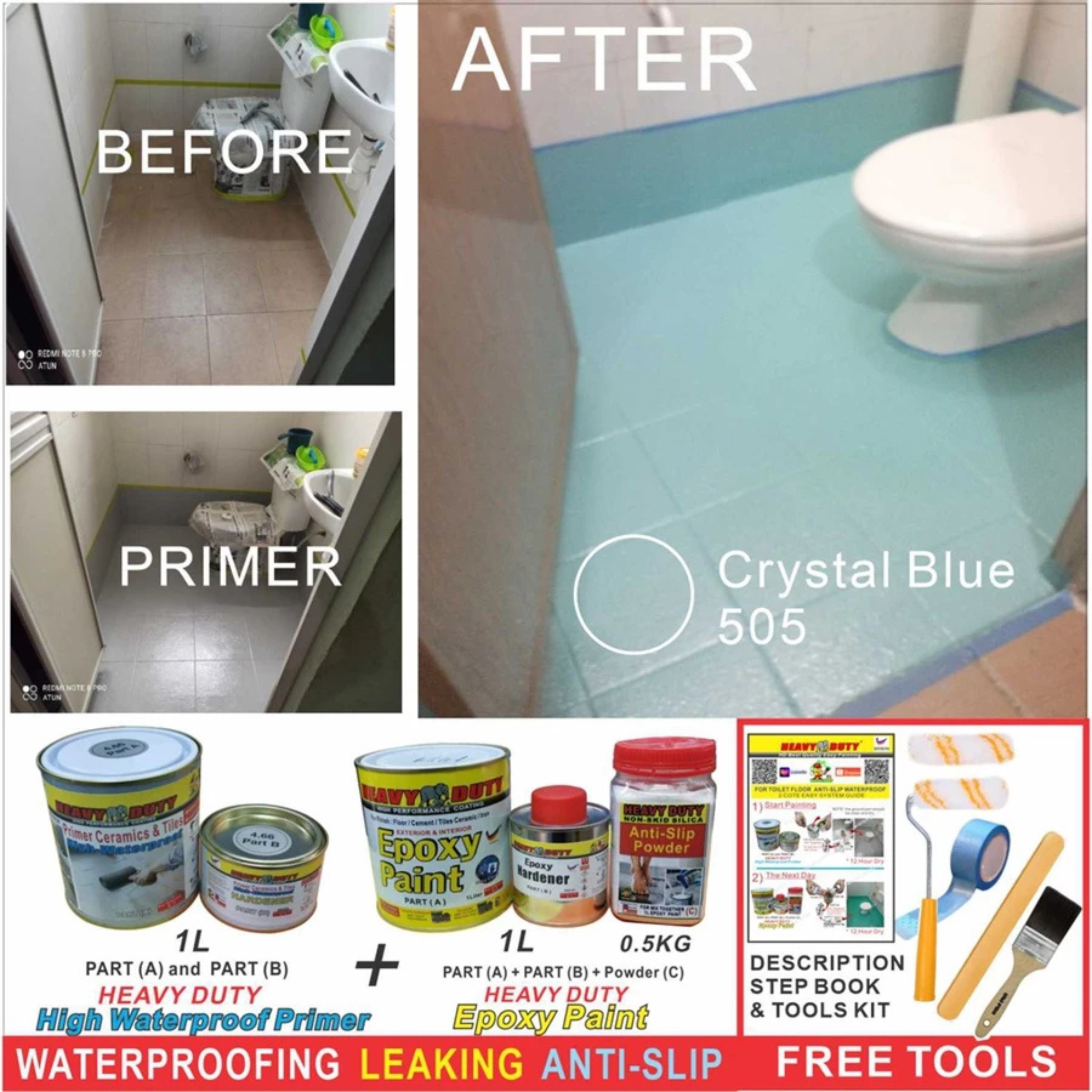 FULL SET (HEAVY DUTY BRAND) Floor Coating (Free Paint Tool Set) 1L Tile Primer + 1L Epoxy Colour + 0.5kg Non-skid Silic