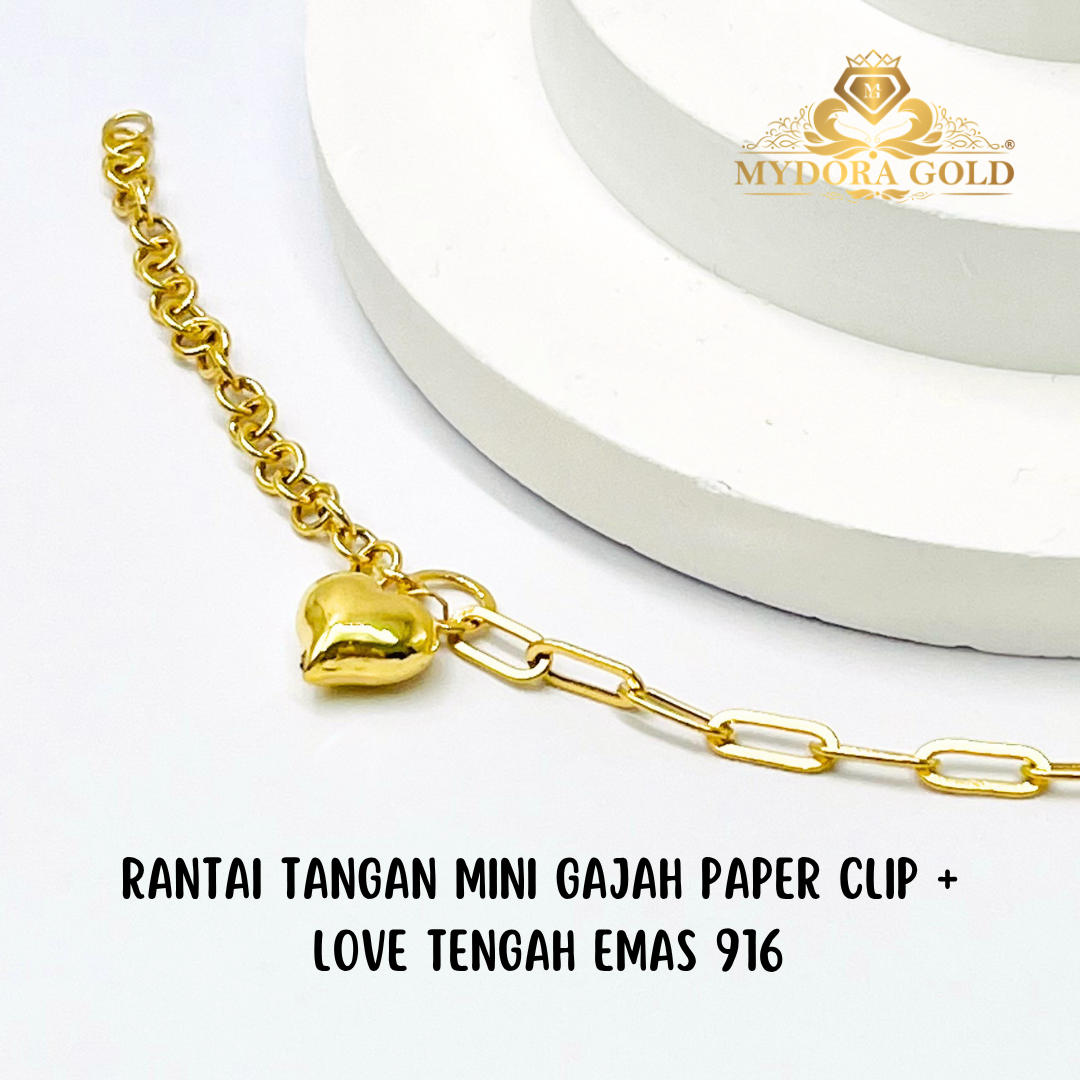 MYDORA Rantai Tangan Mini Gajah Paper Clip + LOVE Tengah l EMAS 916/22K