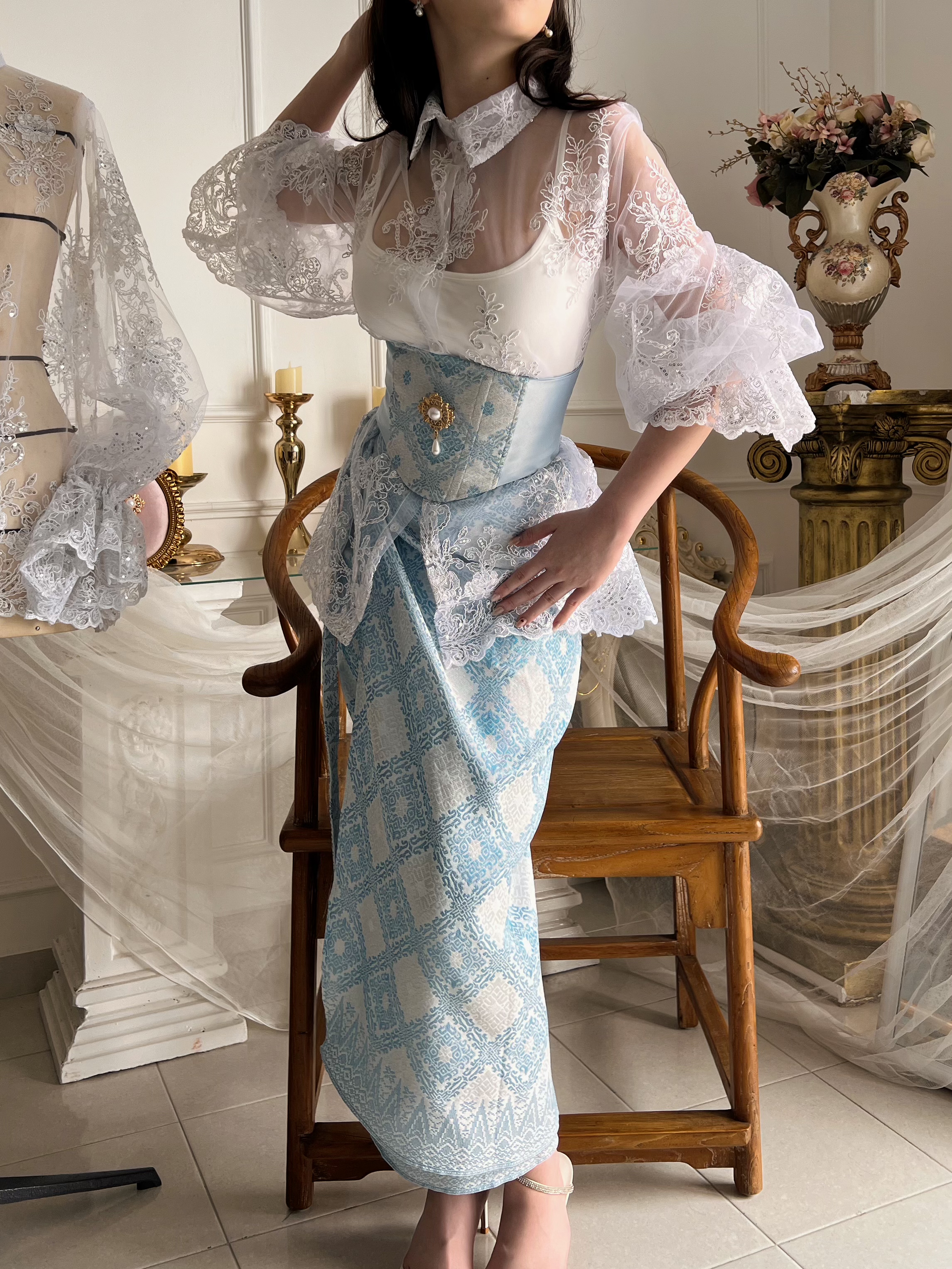Songket Underbust Corset and Pareo Skirt in Light Blue with Angel Blouse in True White