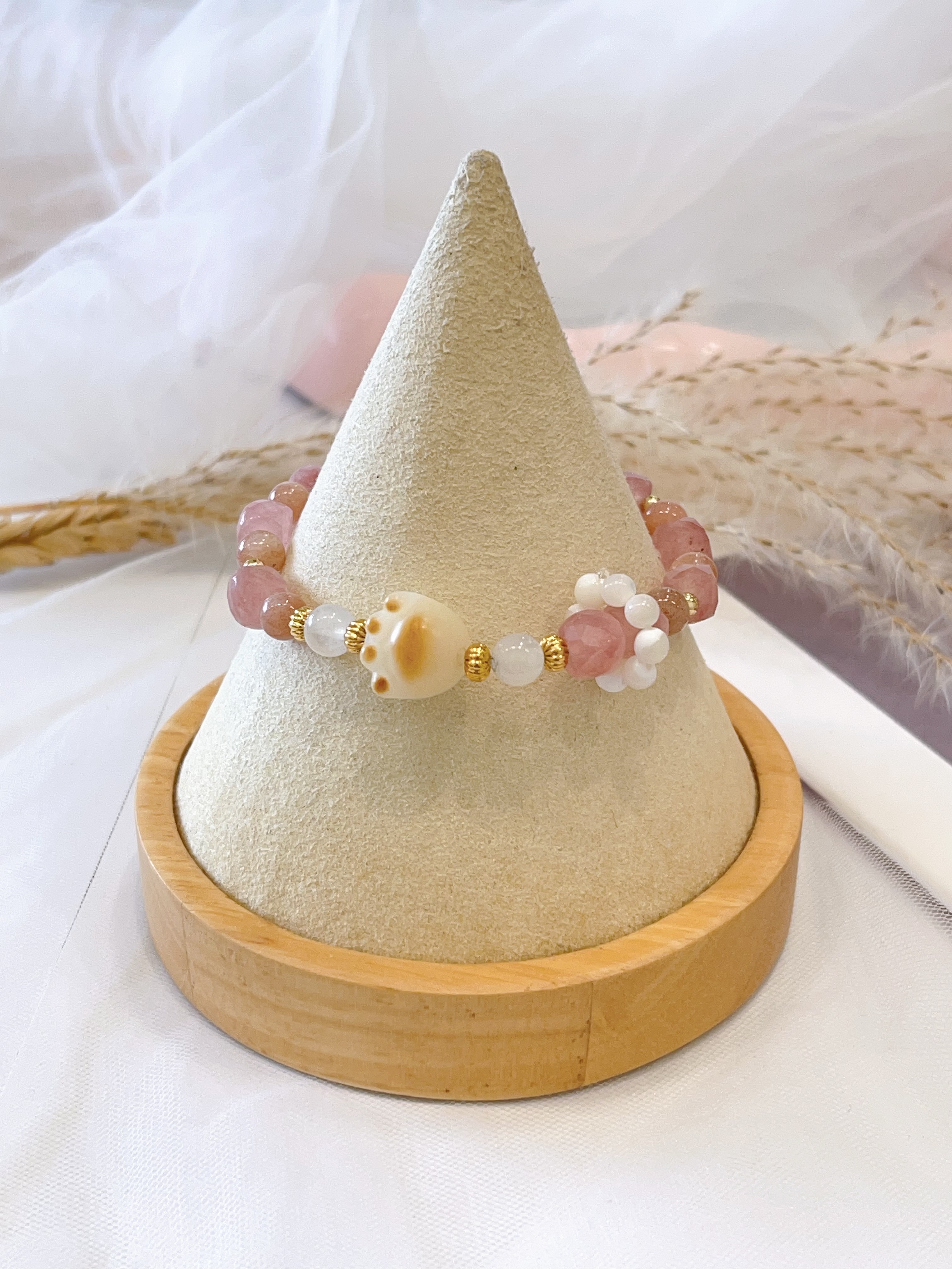 🍓 切割草莓晶 × 太阳石 × 猫爪菩提手串 Faceted Strawberry Quartz, Sunstone & Cat Paw Bodhi | 6-7mm