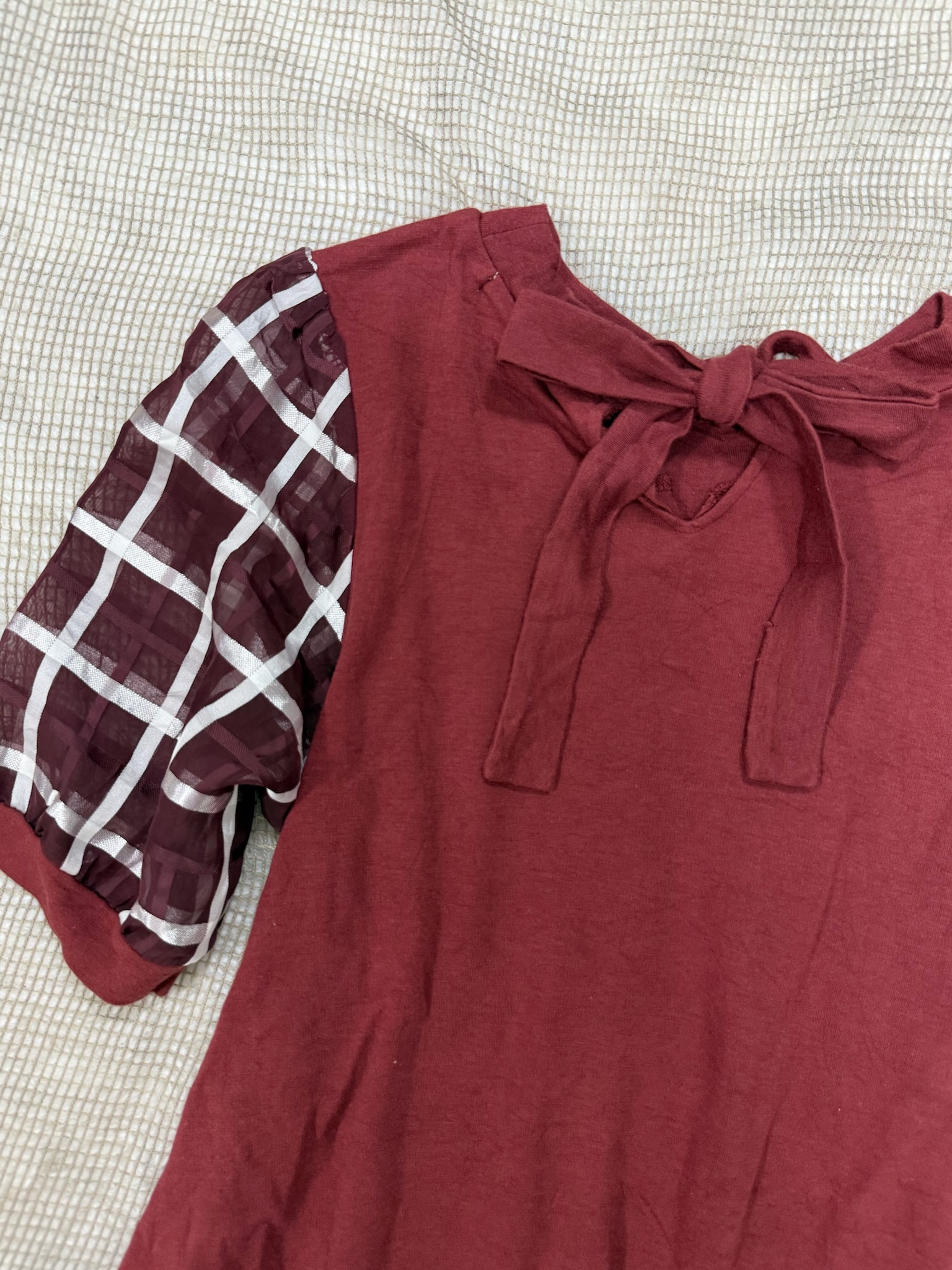 Axes Femme Lattice Mesh Sleeve Top in Wine Red