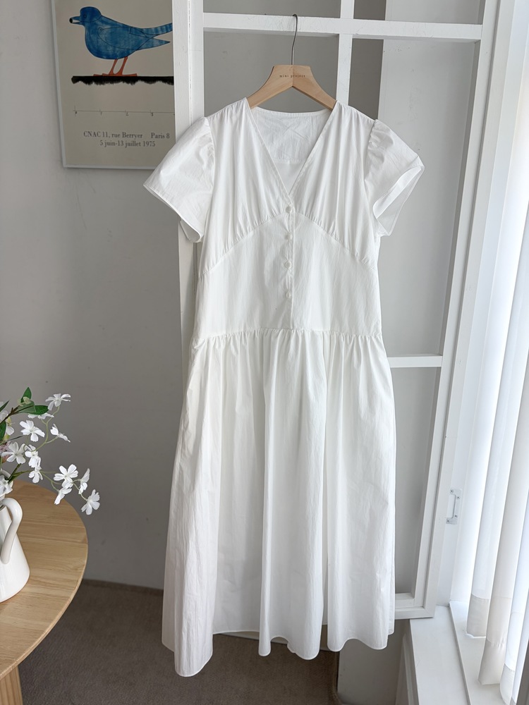 Airy Button Front Long Dress (White)
