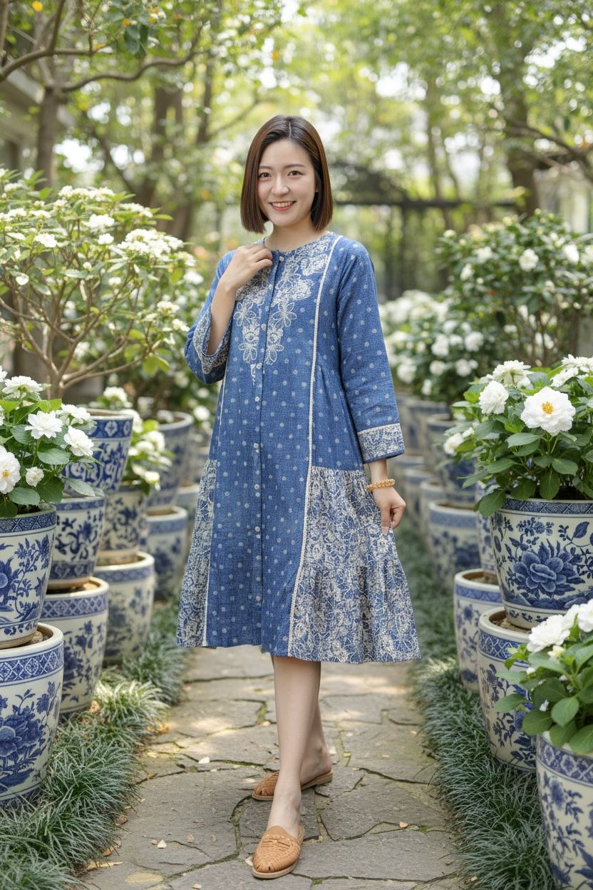 1670 Blue A-Line Floral White Patchwork OP 40"