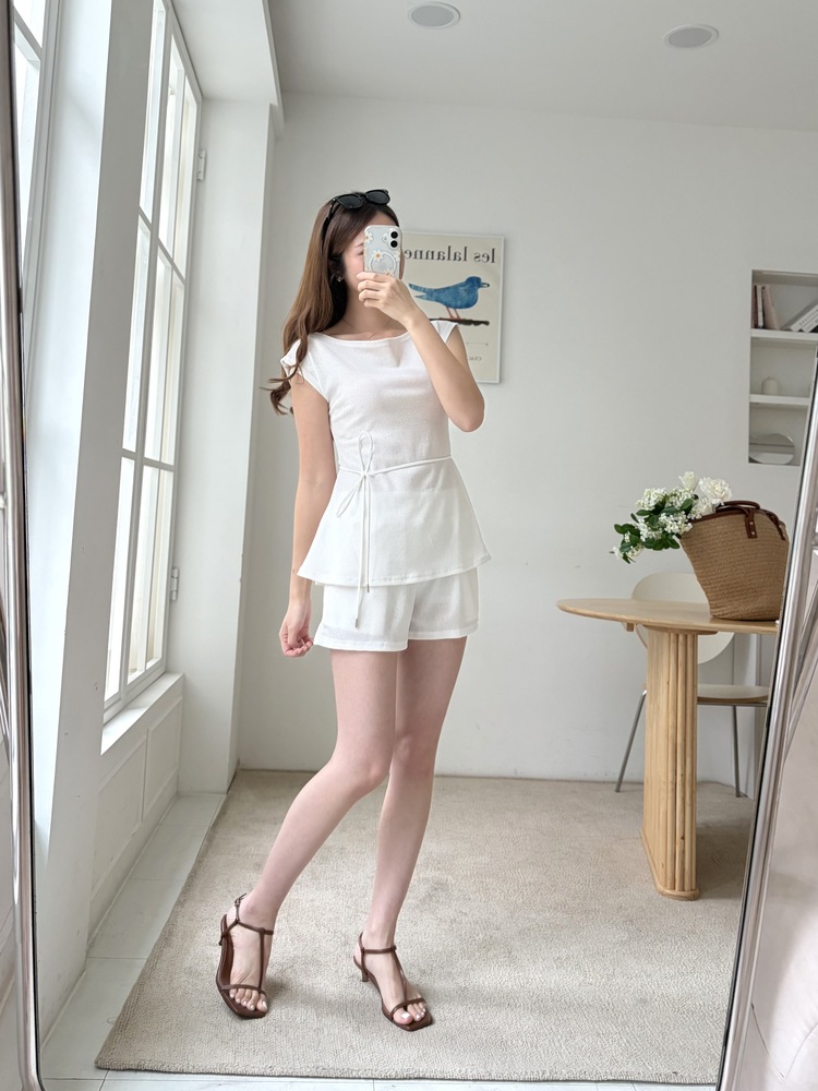 Elysian Boat Neck Belted Set (White)
