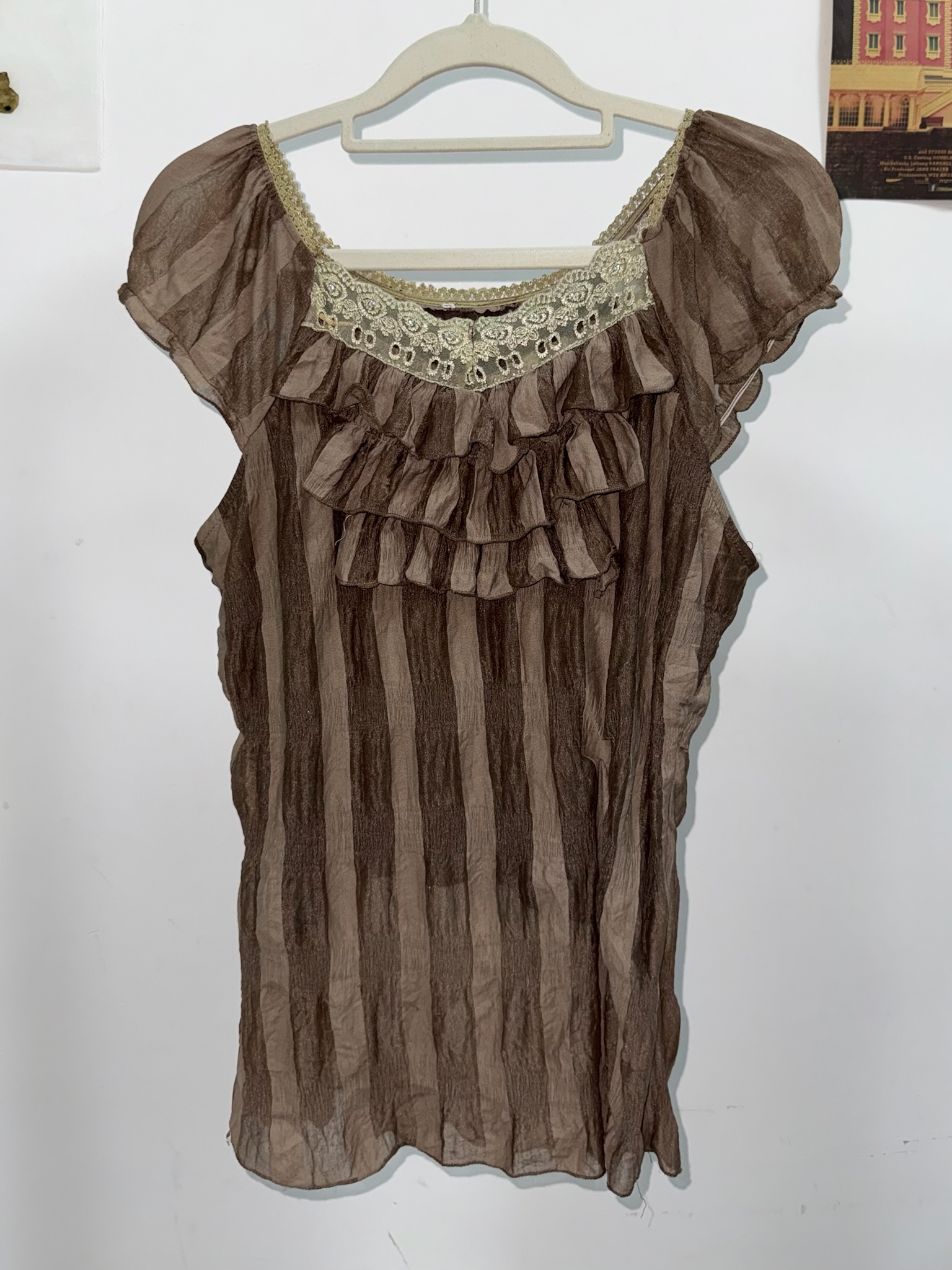 Vintage Brown Tiered Chest Ruffles Striped Crinkled Blouse