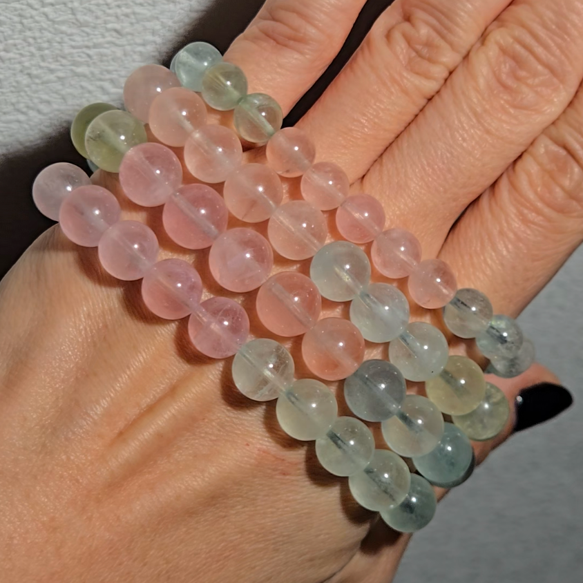 Morganite bracelets with 9mm beads in pink, blue, and green - MGN21