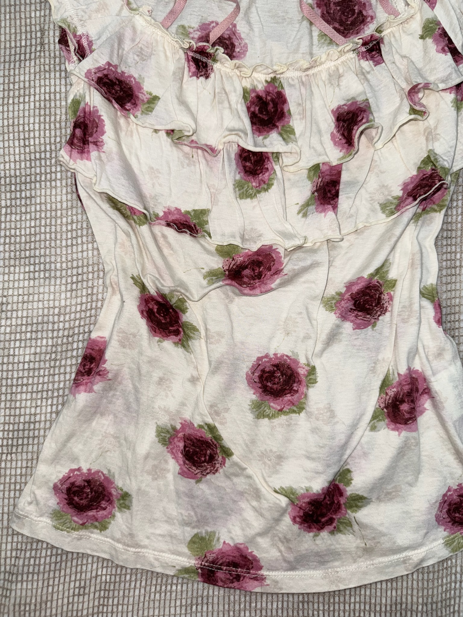L'EST ROSE Vintage Rose Print Blouse with Tiered Ruffles and Neck Ties