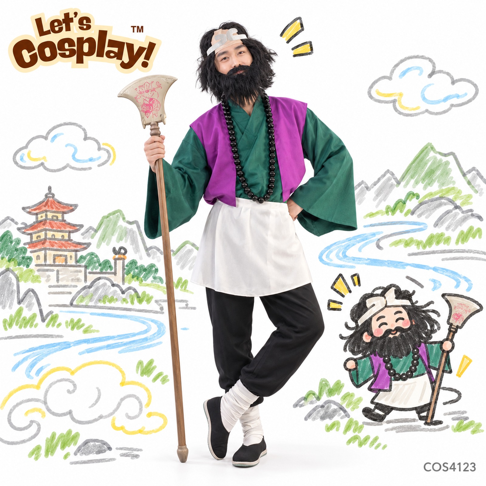 西遊記沙僧沙和尚角色扮演服裝套裝連頭箍佛珠武器道具,香港現貨Lets Cosplay COS4123