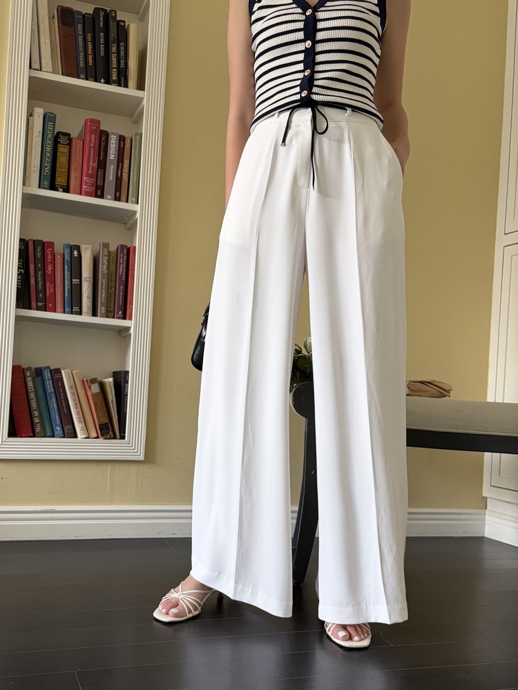 [超涼!!] Contrast Belt Wide Leg Slacks (White)