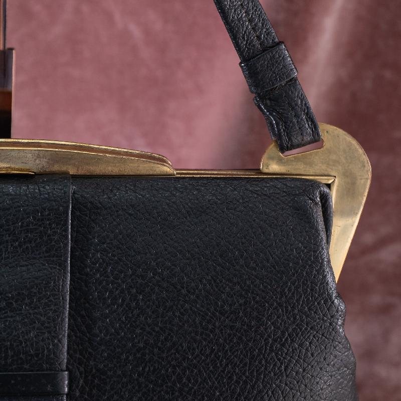 RARE! C.a. 1950s Horn Shaped Hardware Black Faux leather Large Handbag with Dotty Fabric Lining from Germany(NA0636)